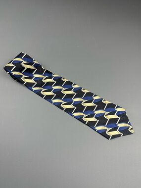 George Machado Designer 100% Silk Tie Blue Gold Black Geometric Made in USA